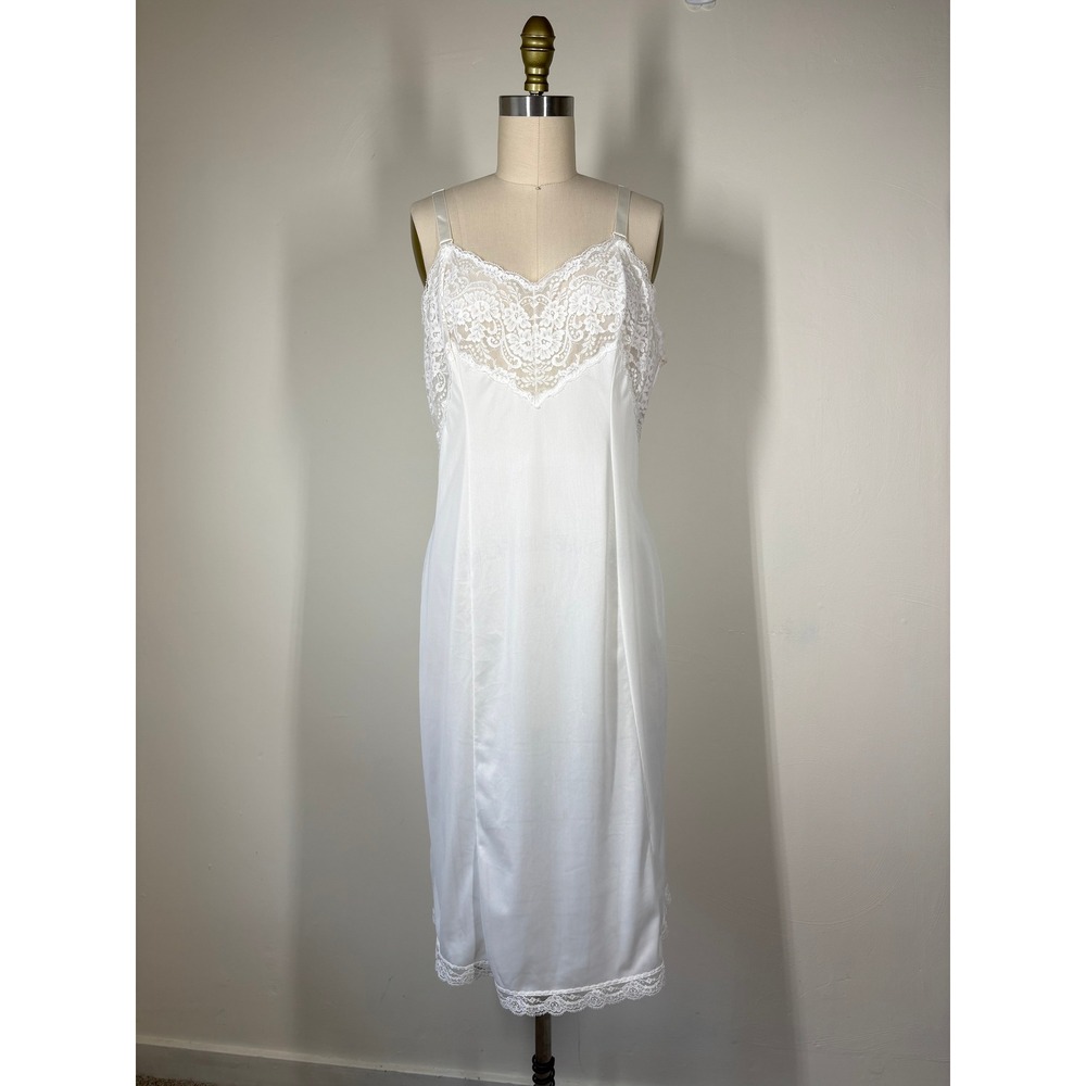 Vintage 70s Wonder Maid Full Slip Dress 38 White Lace Trim Coquette Lingerie